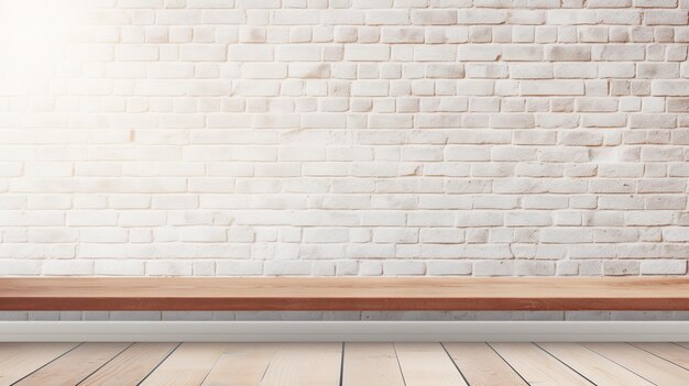 Vintage bruine houten vloer textuur met witte bakstenen muur achtergrond AI gegenereerd