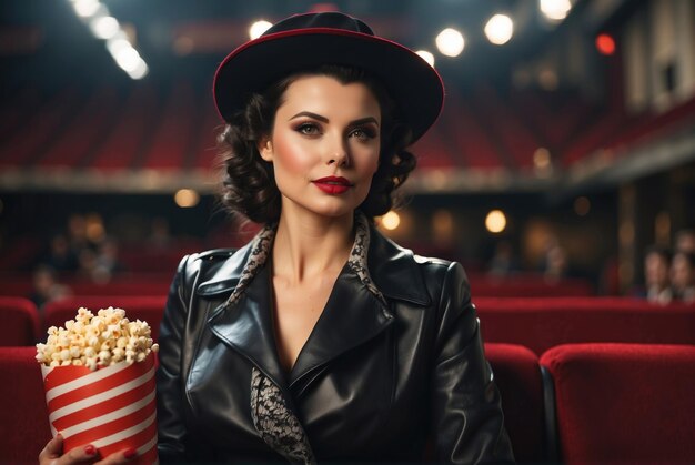 Foto donna bruna vintage con cappello e giacca di pelle con popcorn in mano generata dall'ai