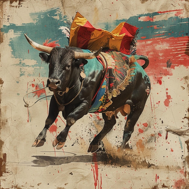 Photo vintage bullfighting poster artistic painting of bull with saddle