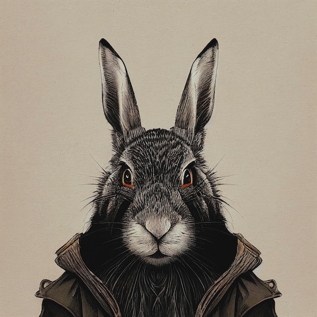 Vintage bunny portrait drawn in ink A cute hare with cloak fairy tale illustration 3D illustration