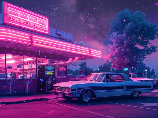 Vintage burger joint with jukebox tunes neon lighting classic cars parked outside under starlight