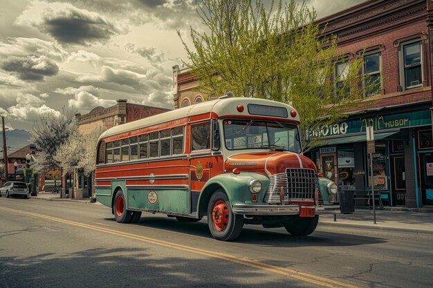 Foto un autobus d'epoca che attraversa una città storica il design retro e i colori vivaci lo rendono un affascinante mezzo di trasporto