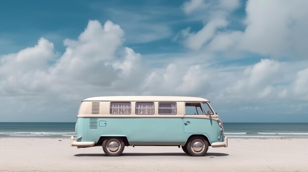 Vintage busje op het strand met bewolkte hemel
