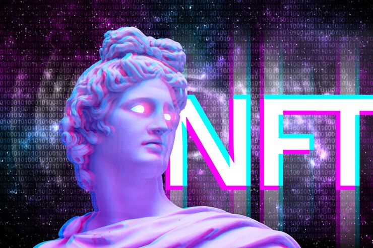 Photo vintage bust of a person with a stereo effect and the inscription nft or nonfungible token nearby digital art concept