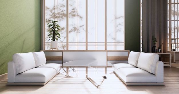 빈티지 캐비닛 디자인, 안락의자가 있는 녹색 거실. 일본식 3D 렌더링