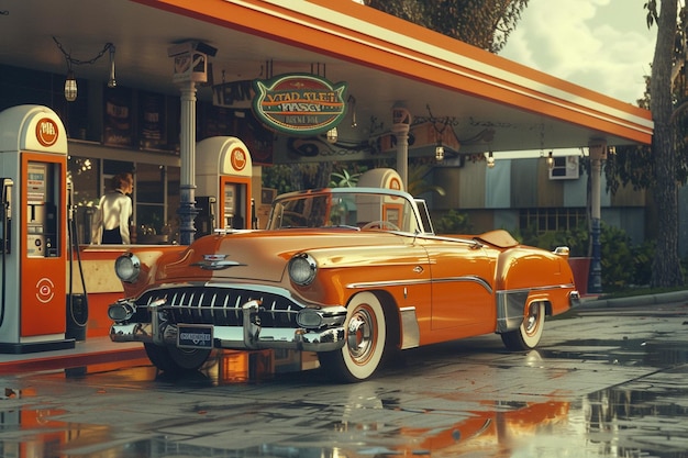 Vintage cabriolet geparkeerd bij een retro tankstation