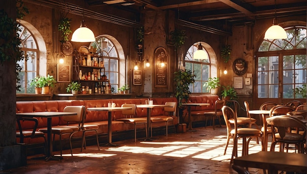 A vintage cafe interior with old furniture