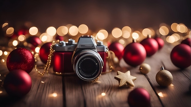 Vintage camera and christmas decoration on wooden background Christmas concept