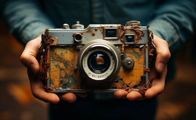 Vintage camera covered in old world maps