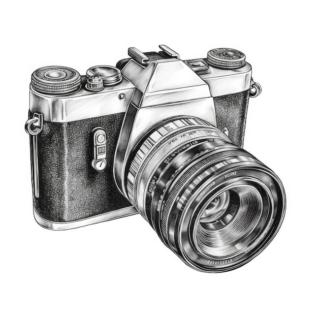 A vintage camera drawn in black and white