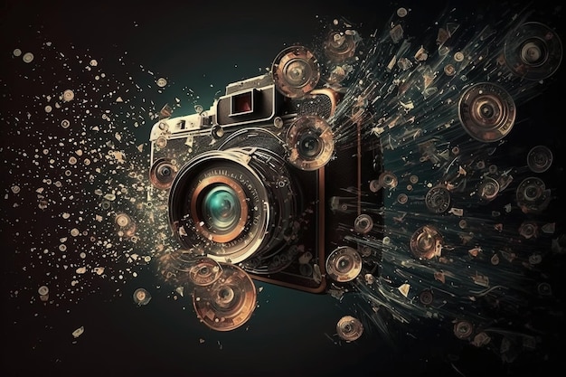 Vintage camera exploding illustration generative ai