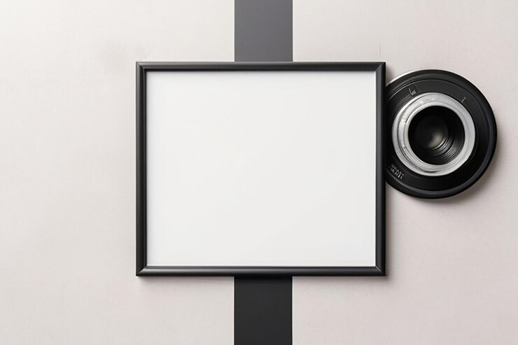 Photo vintage camera film strip blank frame mockup with white empty space for placing your design
