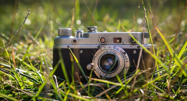 Vintage camera on grass background