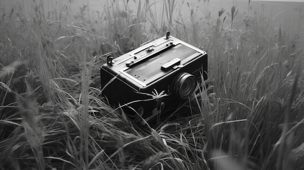 Vintage camera in hoog gras Charming realisme vastgelegd in zwart-wit