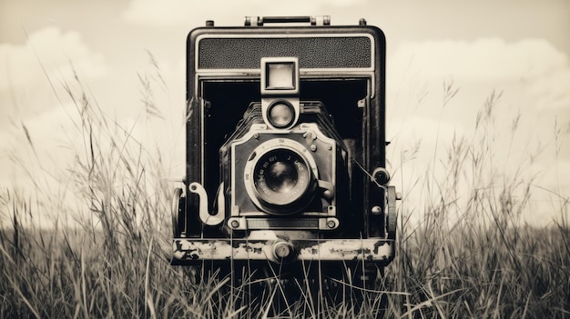Vintage camera in hoog gras verwrongen wazig korrelig zwart-wit beeld