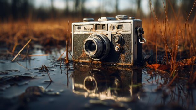 Vintage camera in postapocalyptische moeras illusorische beelden en chroom reflecties