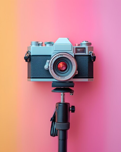 A vintage camera is on top of a tripod and colorful background