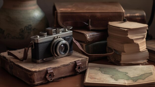 Vintage camera met reisboeken AI gegenereerd