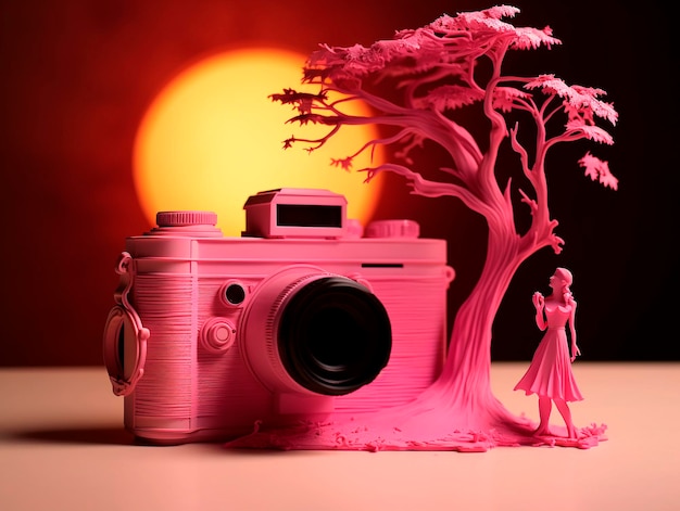 Vintage camera and paper tree on red background 3d rendering