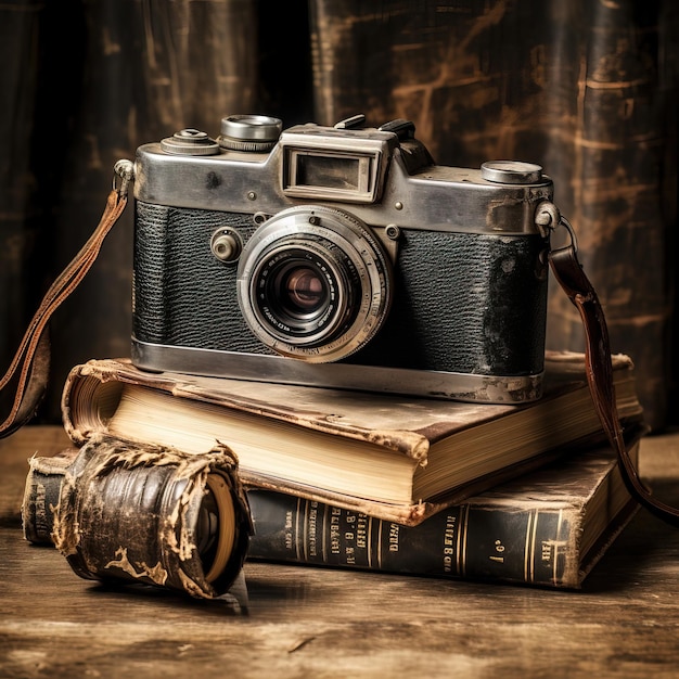 Vintage camera placed on old books