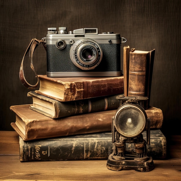 Vintage camera placed on old books