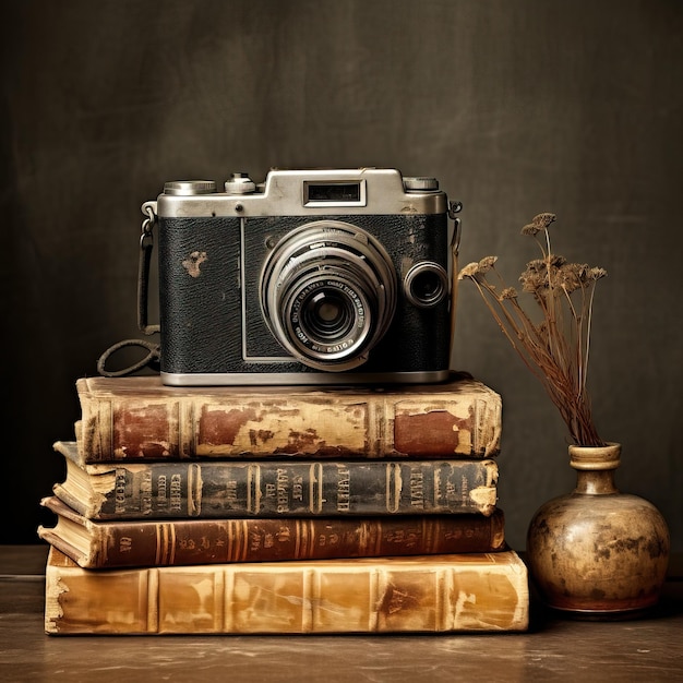 Vintage camera placed on old books