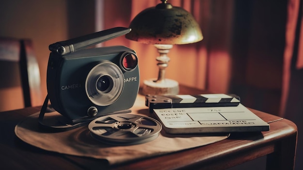 Foto vintage camera reel tape en clapperboard op hout