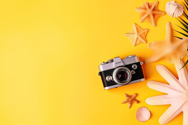 Vintage camera seashells and starfish on yellow background