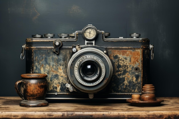 Vintage Camera Set Against A Rustic Background Generative AI