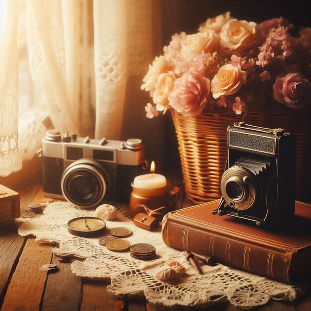 a vintage camera sits on a table next to a basket of flowers