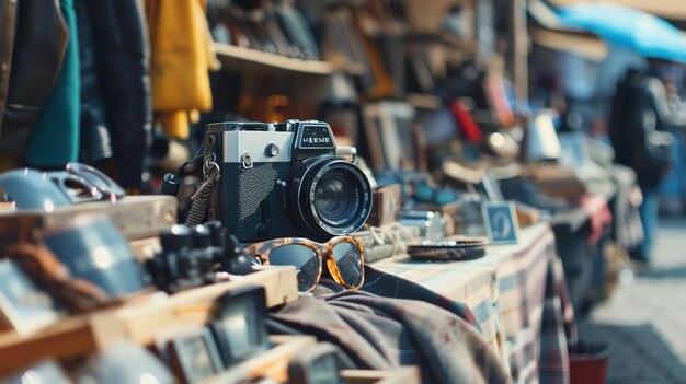 Photo a vintage camera sits on a table at a flea market the camera is old and dusty but it is still in good condition