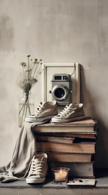 a vintage camera sits on a table next to a vase of flowers