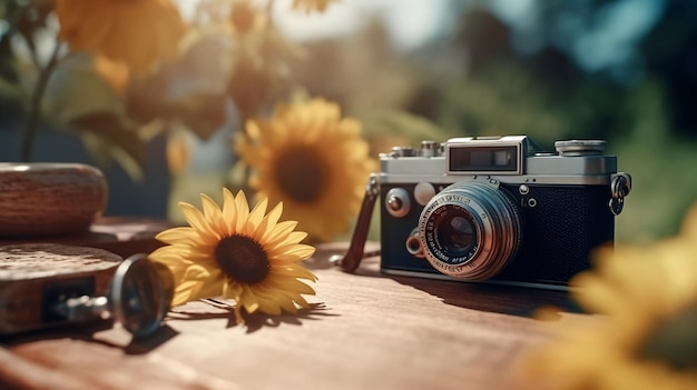 A vintage camera sits on a table with sunflowers in the background.