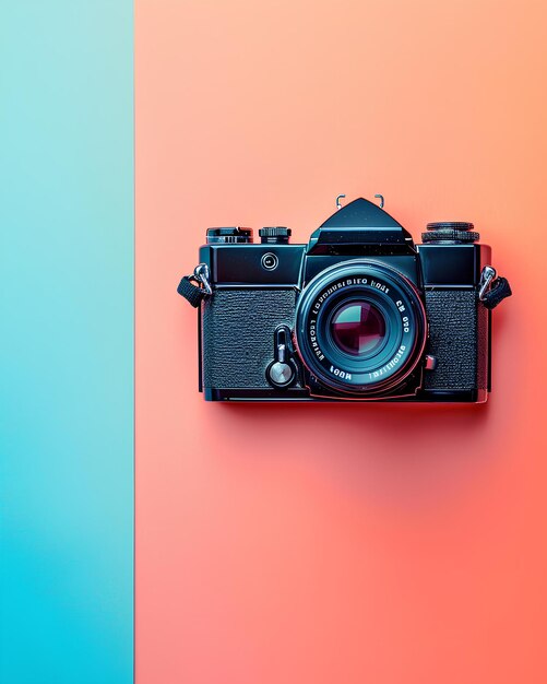 Vintage camera sitting on a colorful background