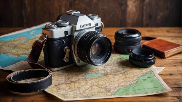 Vintage camera on table with map