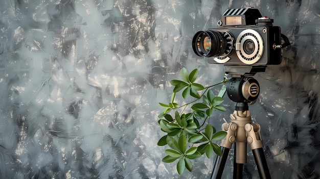 灰色の壁の背景に緑色の植物を描いた三脚のヴィンテージカメラ 生成的なAIイラスト