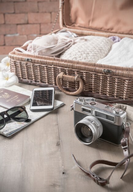 vintage camera and vintage tone, prepare accessories and travel items 