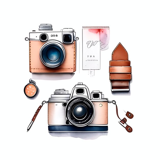 Photo vintage camera watercolor sketch grunge style generative ai illustration