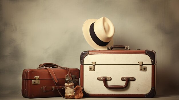 Vintage camera and womens hat hanging on suitcase