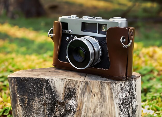 vintage camera on wooden stumps in park