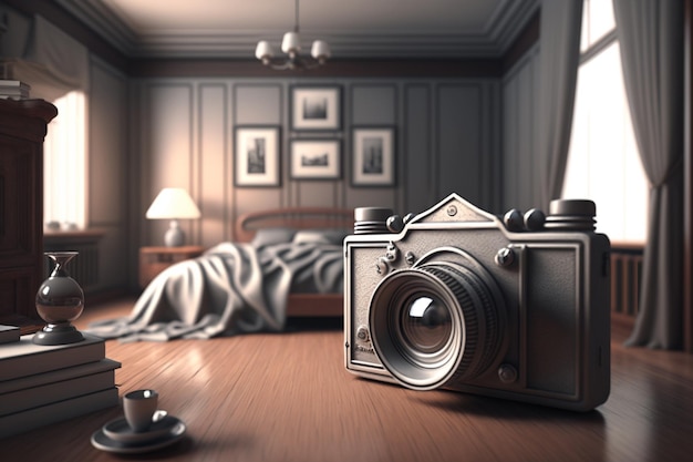 Foto una macchina fotografica d'epoca su un tavolo di legno in una camera da letto.