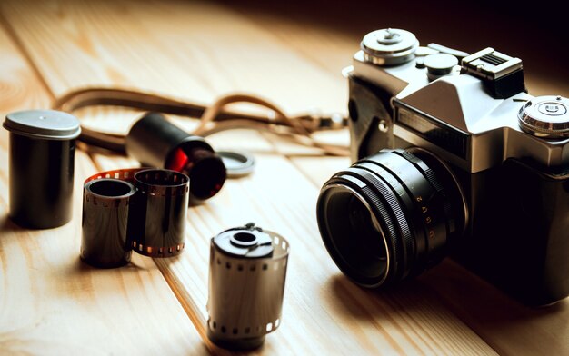 Vintage camera on a wooden table