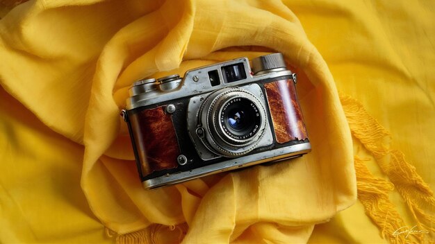 Vintage camera on yellow