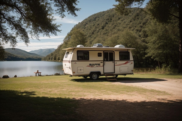 A vintage camper parked by a serene lake