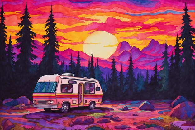 Photo vintage camper van in the forest at sunset