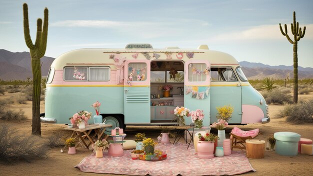 Vintage camper van in de woestijn met cactussen en bloemen