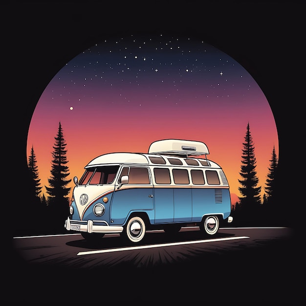 Vintage camper van in mountains