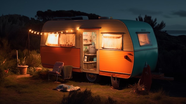 A vintage camper with a camper on the front sits in a field at night.