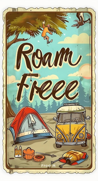 Foto vintage camping postkaart met camping gear frame en text illustratie vintage postkaart decoratief