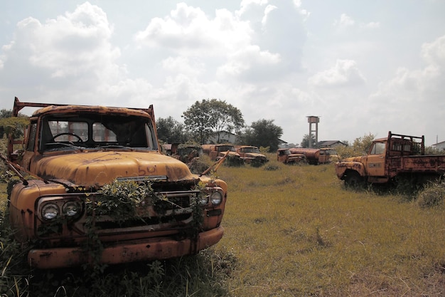 Vintage car abandoned on field